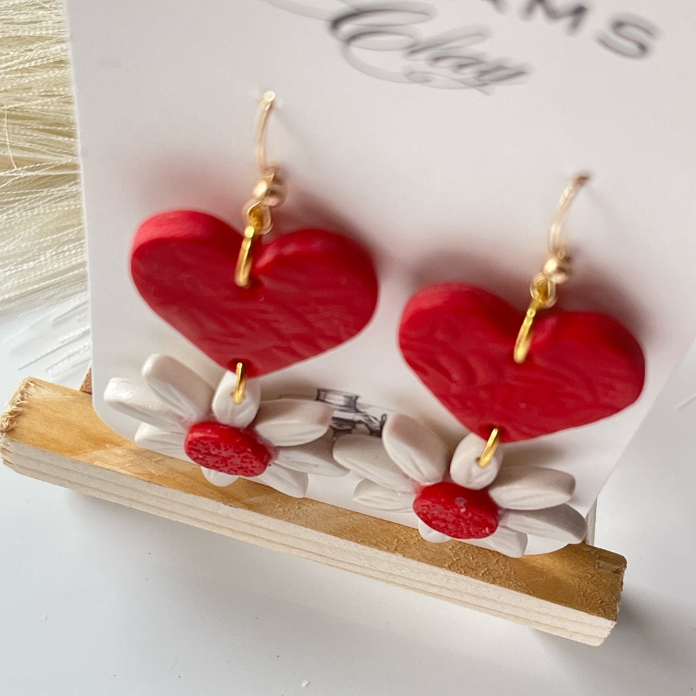 Handmade Polymer Clay Earrings - Neutral Pastel Floral Print - Picture 3 of 5
